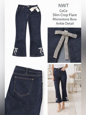 CeCe Dark Indigo Rhinestone Bow Crop Flare Jeans